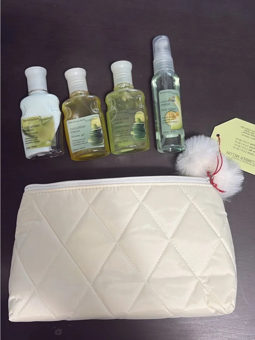 Bath & Body Works Cream Quilted Cosmetic Pouch with White Pom Pom